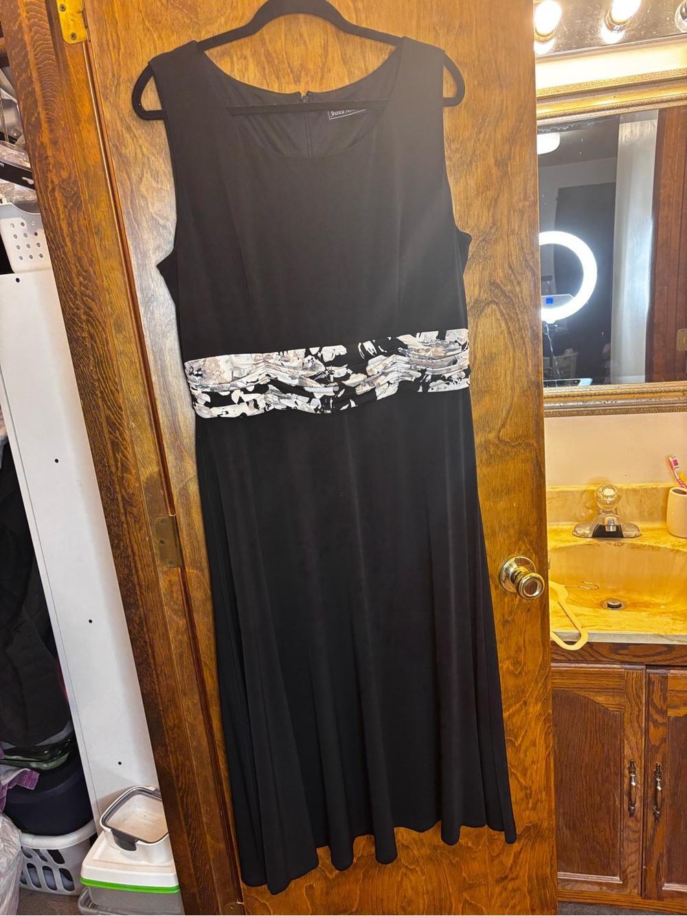 Jessica Howard Black Sleeveless Maxi Dress with Monochrome Printed Waistband